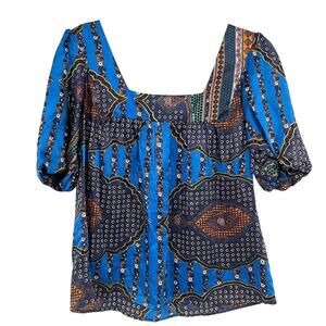 Vanitas Of California Blue Silk Boho Square Neck Blouse Womens XS Shirt Festival